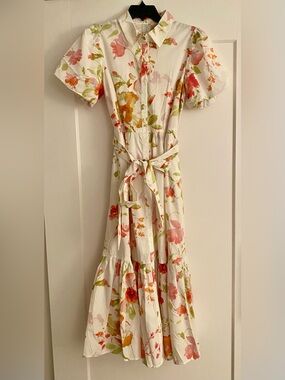 Joie White Maxi Shirt Dress with Pink, Orange & Green Floral Print